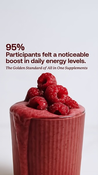 A high-contrast vertical ad featuring a fresh raspberry smoothie base with an overlay of a 95% participant satisfaction statistic.